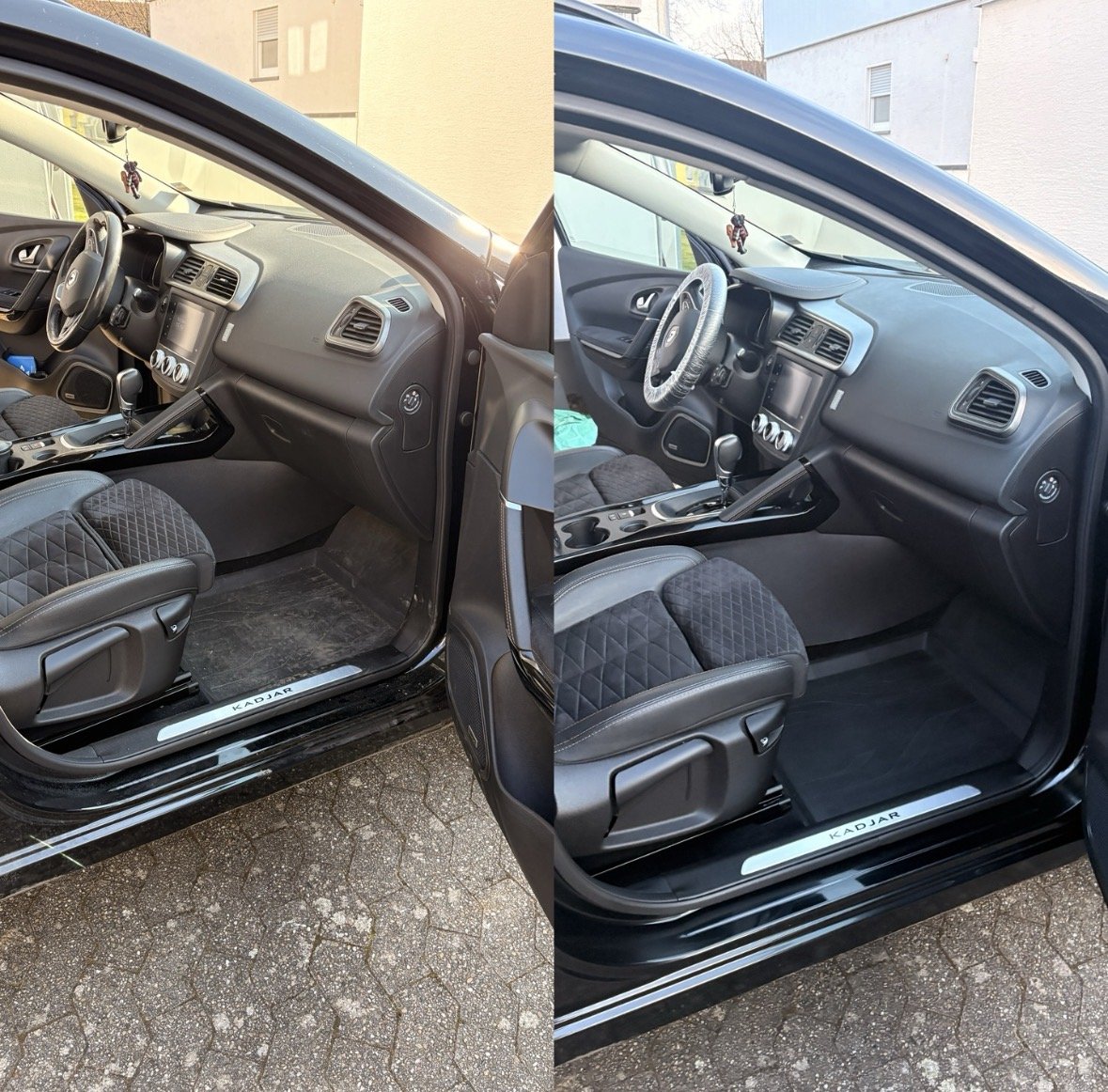 Innenansicht eines schwarzen Autos, rechter und linker Tür geöffnet, zeigt das Armaturenbrett, das Lenkrad, die Sitze mit schwarzem Muster, und das Fahrzeugmodell 'KADJAR' auf der Türschwelle.