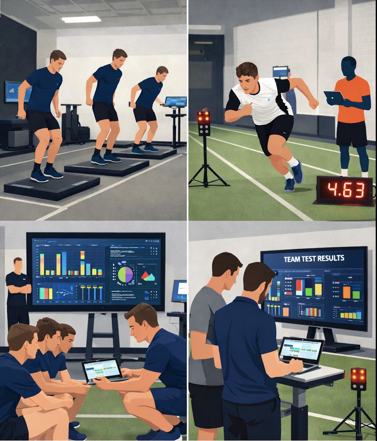 Four panels illustrating athletic training and data analysis. Top left shows three athletes performing jump tests on platforms inside a gym. Top right shows a male athlete sprinting on a track, with a stopwatch and an official recording data. Bottom left depicts a team of young athletes sitting on the floor, reviewing data on a tablet and a large screen displaying graphs and charts. Bottom right shows two individuals analyzing team test results on large monitors, with data visualizations and a tablet.