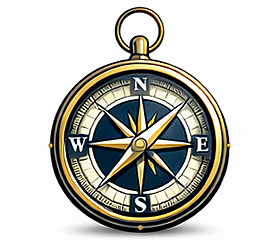A vintage-style pocket compass with a gold and black exterior, featuring a detailed compass rose with cardinal directions (N, E, S, W) marked, and a bright, navigational needle pointing northeast.