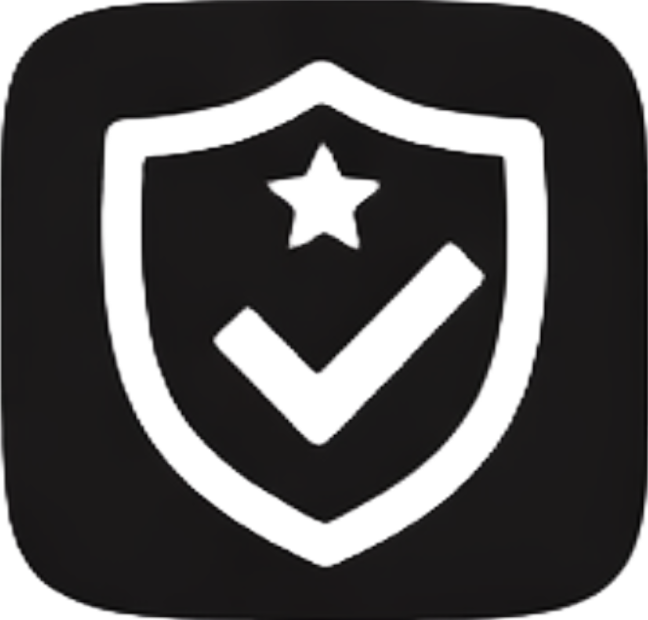 Black shield icon with a white star and a white checkmark inside