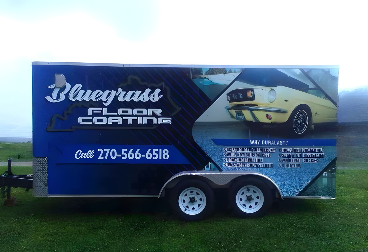 A trailer advertising Bluegrass Floor Coating. It features a yellow vintage sports car, with text offering contact information and details about floor coating benefits and reasons to choose Duralast coating.