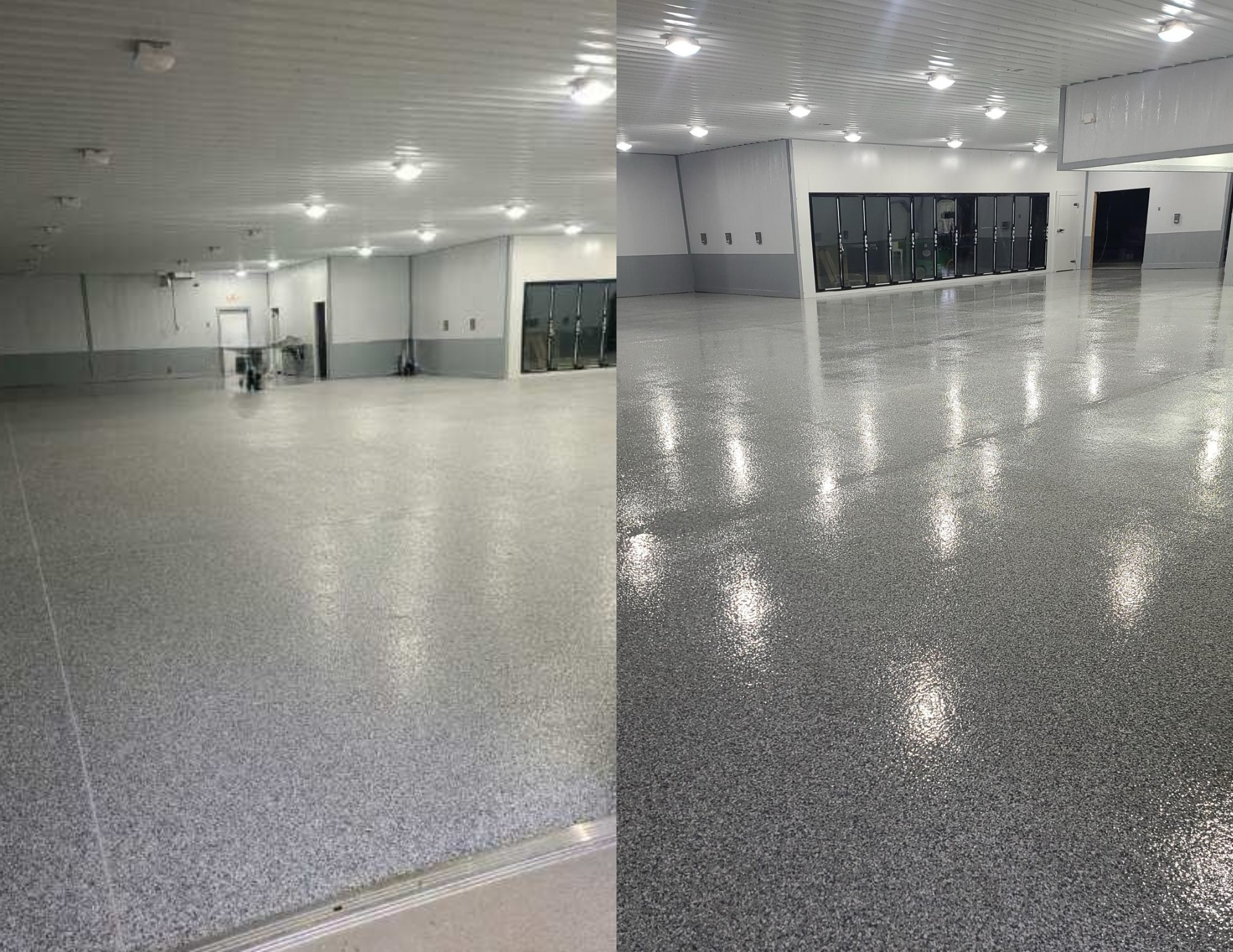 Comparison of an unfinished and a finished flooring in an indoor room. The left side shows an unfinished speckled gray floor, while the right side shows a polished, shiny, speckled gray floor.