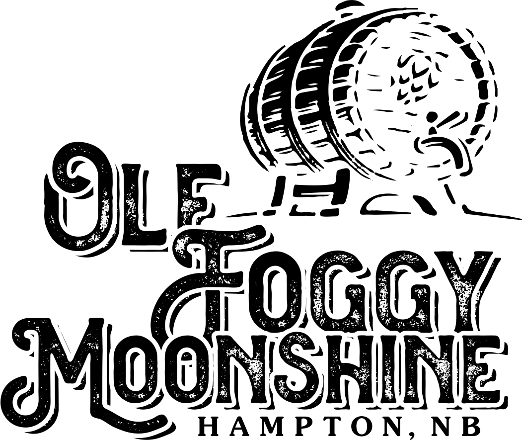 Black and white graphic of a gavel and the words 'Ole Foggery Moonshine Hampton, NB'