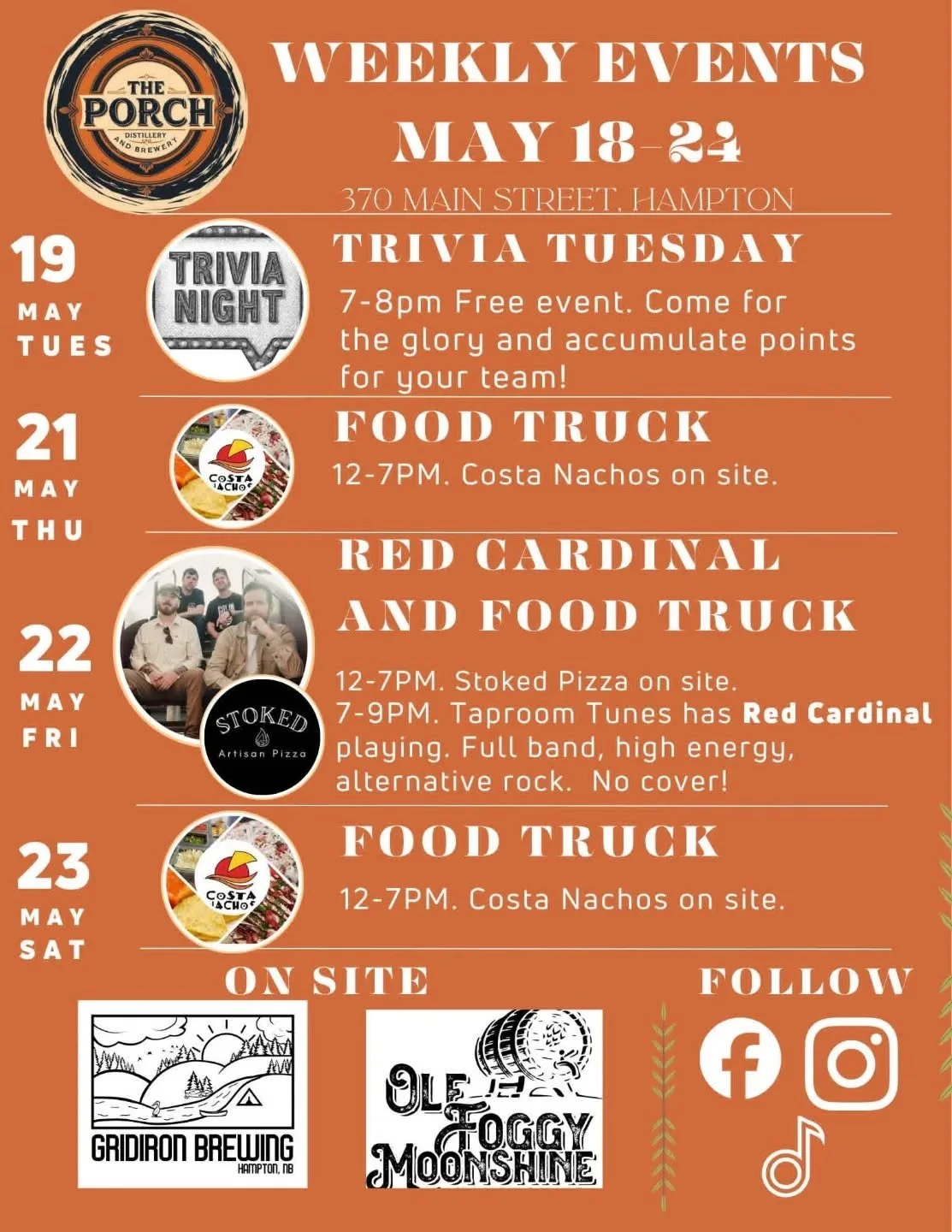 We have food trucks on site with @costanachos and @stokedpizzanb , Thursday to Saturday. So pumped for @redcardinal_music this Friday night - no cover and it will be epic.