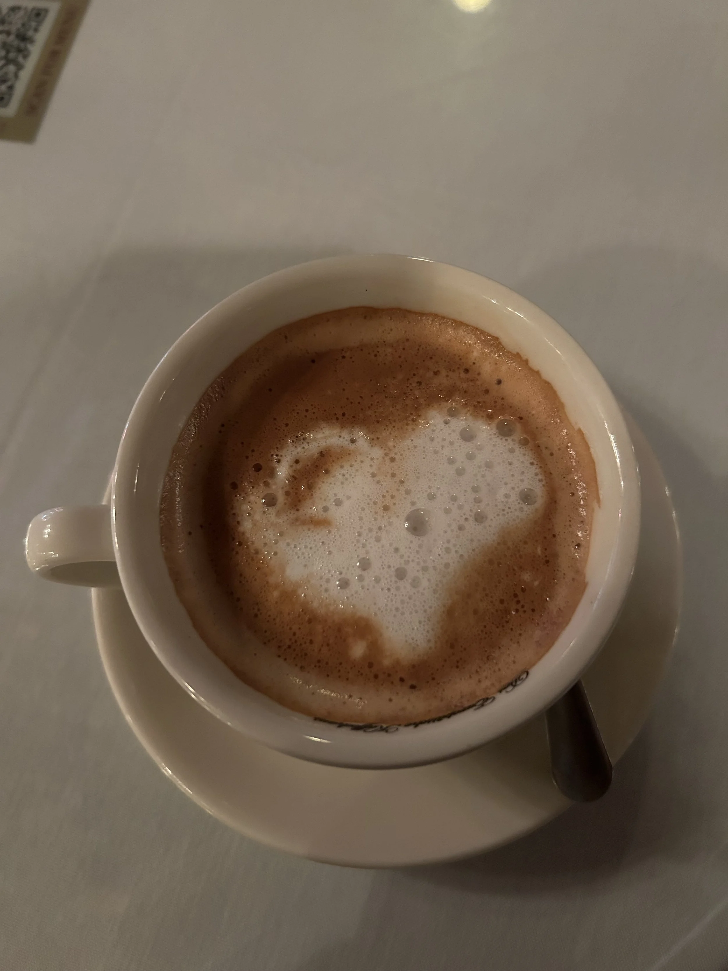 Close-up of a cup of coffee with foam and chocolate cinnamon swirl on top, placed on a white saucer.