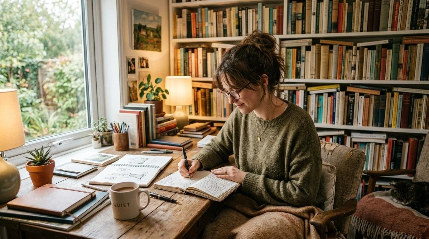 Person working quietly in a cozy space