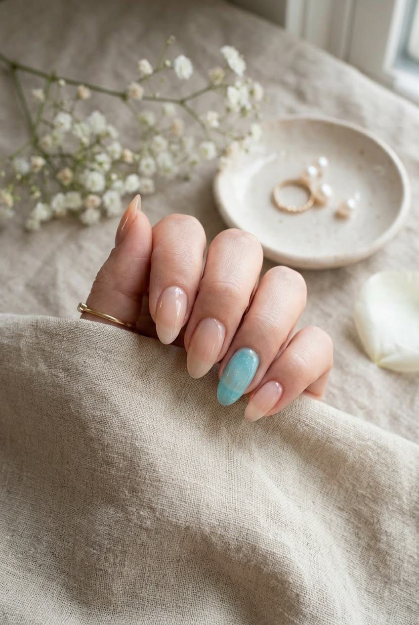 Four nails in a sheer nude, one nail in a watery, translucent blue.png