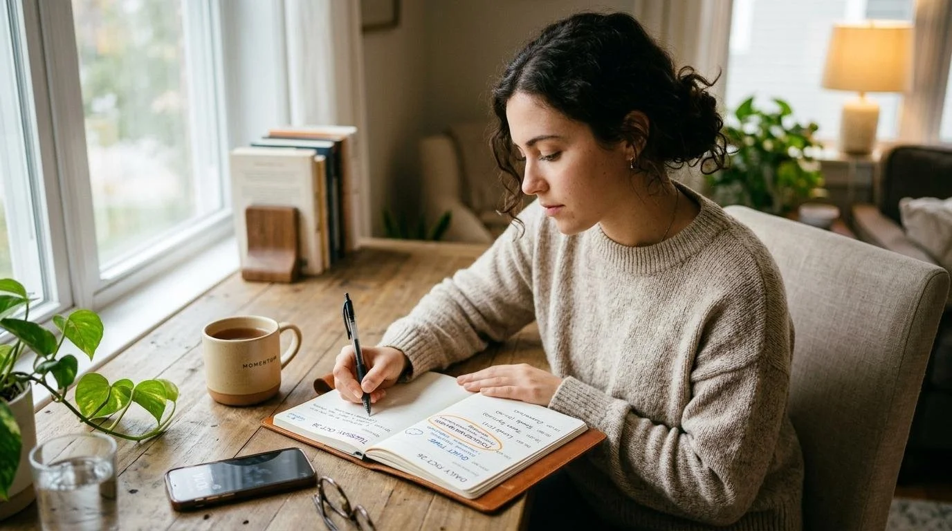 Person planning their day with a notebook and coffee