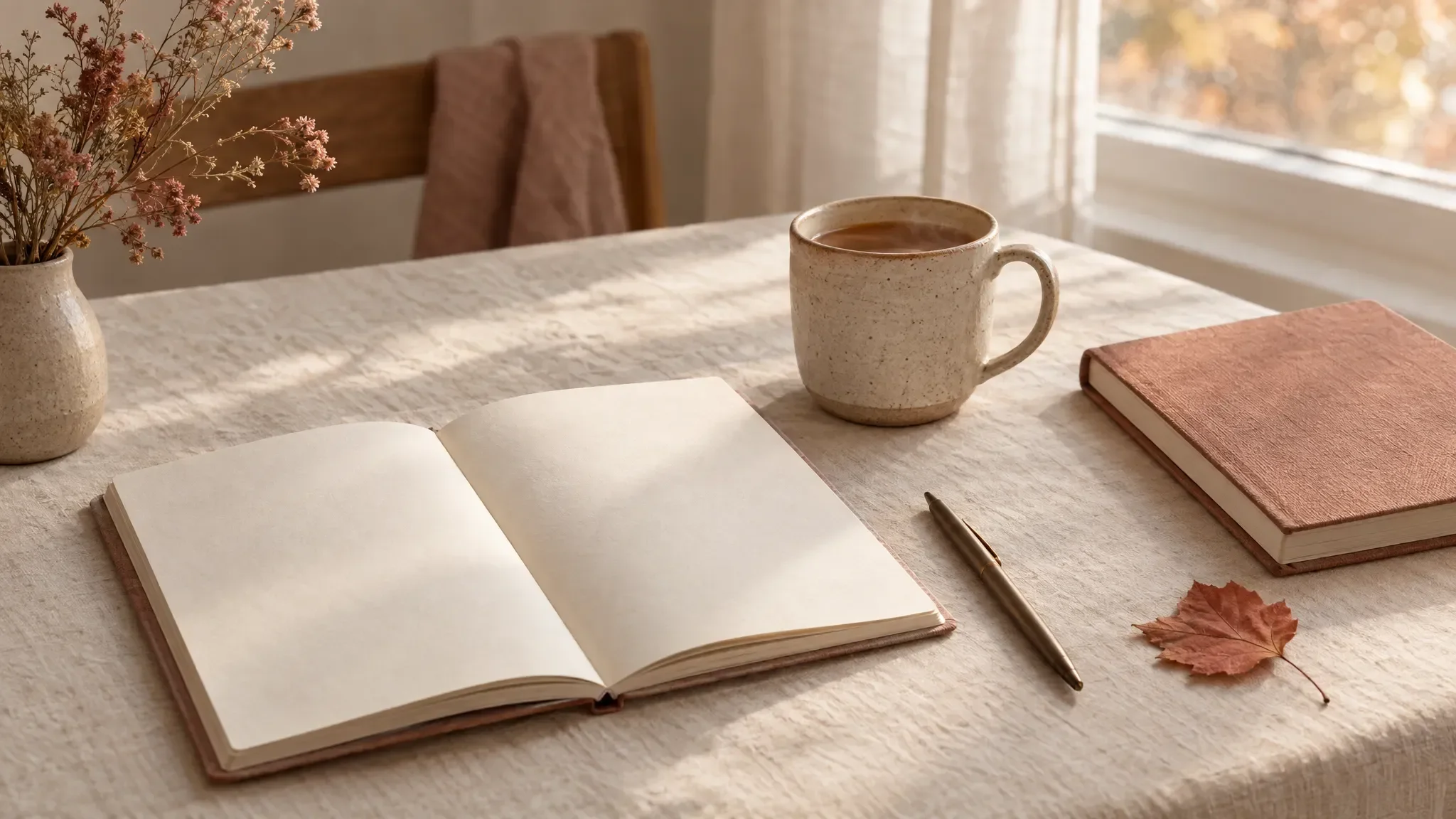 A warm drink beside an open blank journal and a closed notebook on a softly textured cream table; a simple pen, one muted terracotta leaf and