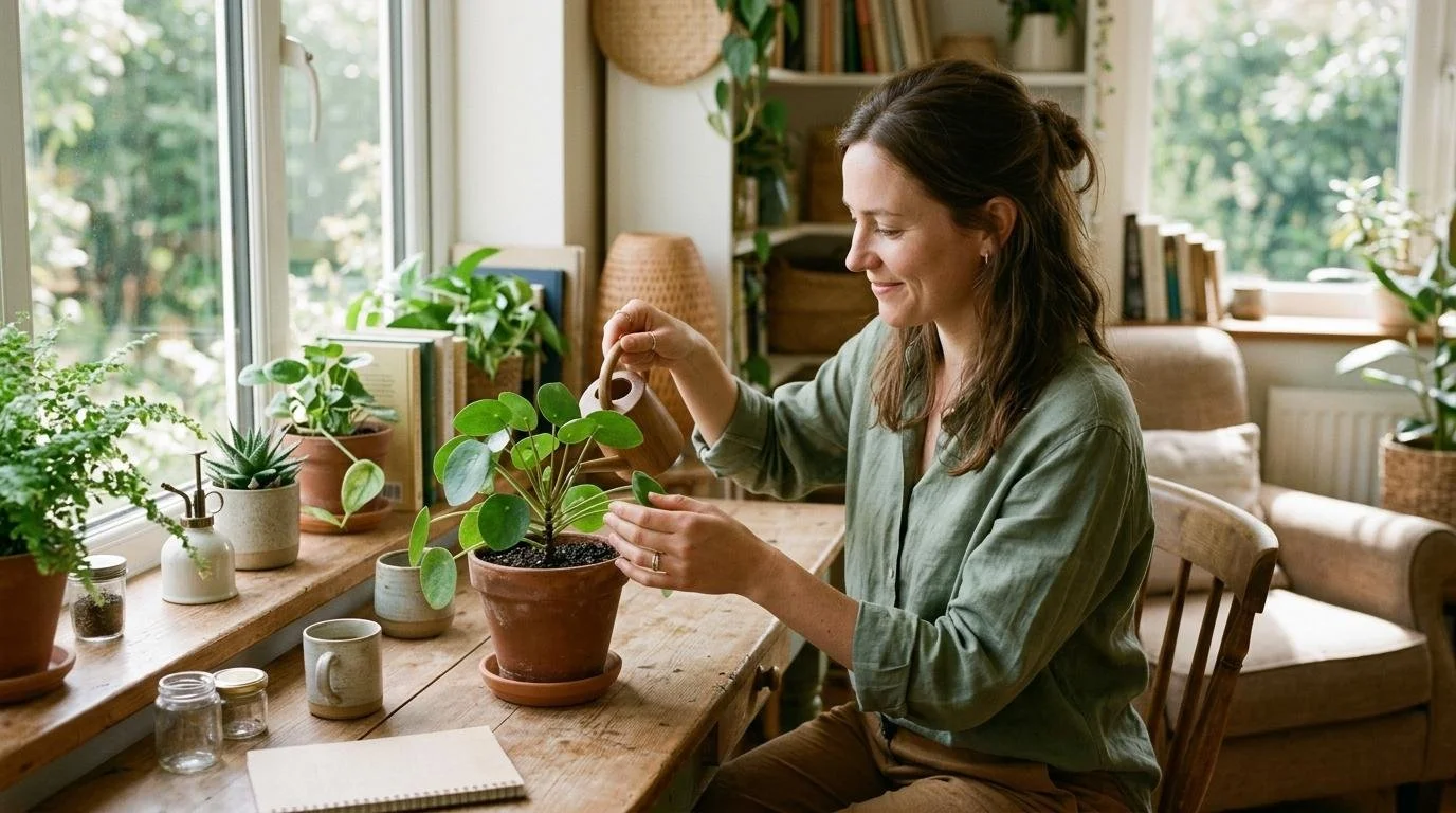 Calm woman embracing gentle growth