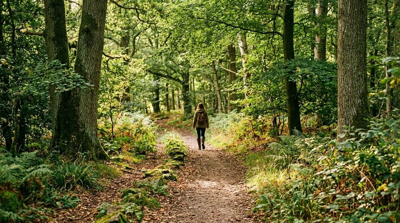 A peaceful path through a quiet forest, symbolizing a gentle journey of personal growth