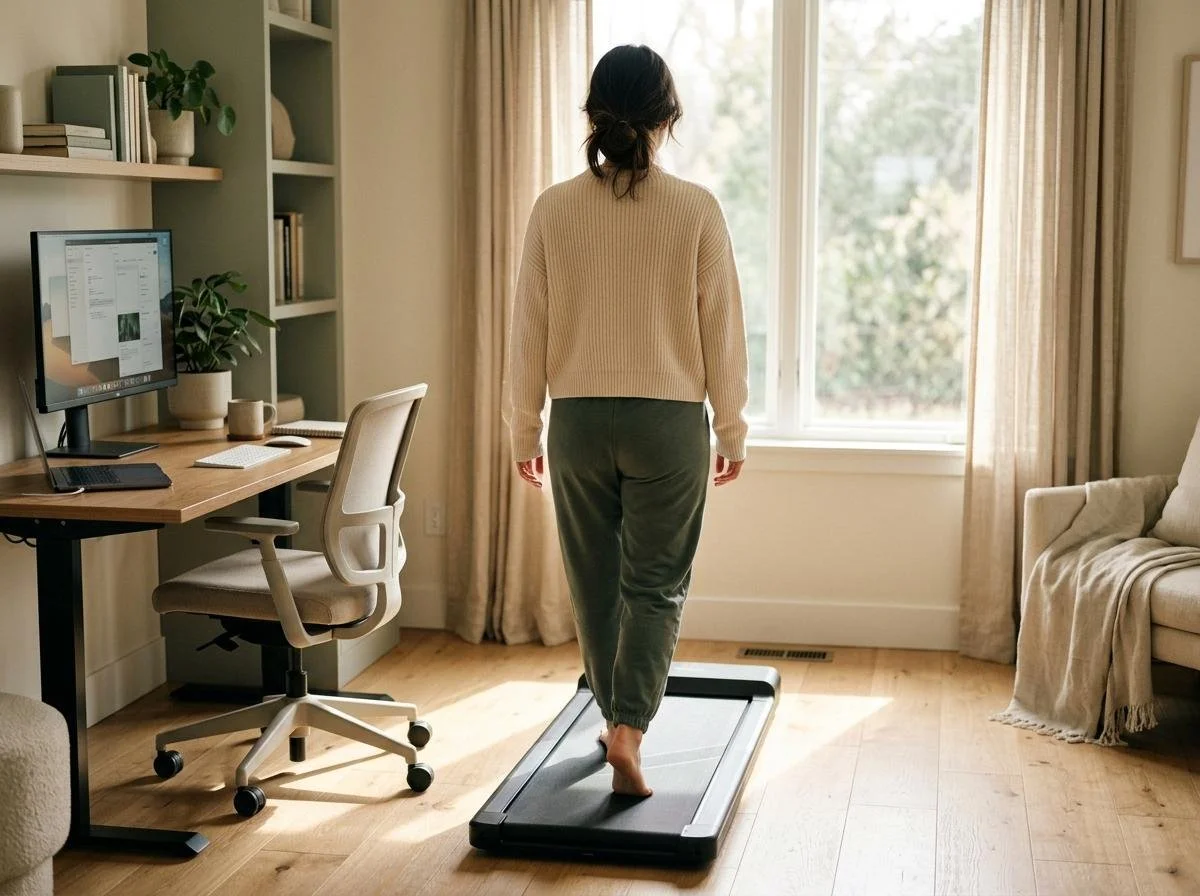 A person walking on a walking pad seen only from behind