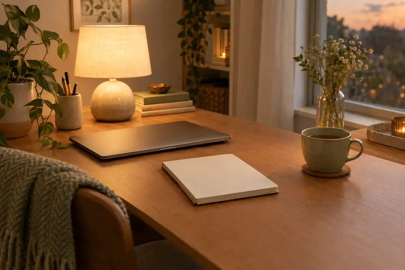 A warm evening home office with a laptop closed, a neatly reset desk, notebook ready for tomorrow, soft lamp light, a cup of tea nearby,
