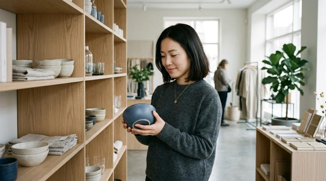 Woman thoughtfully organizing her living space