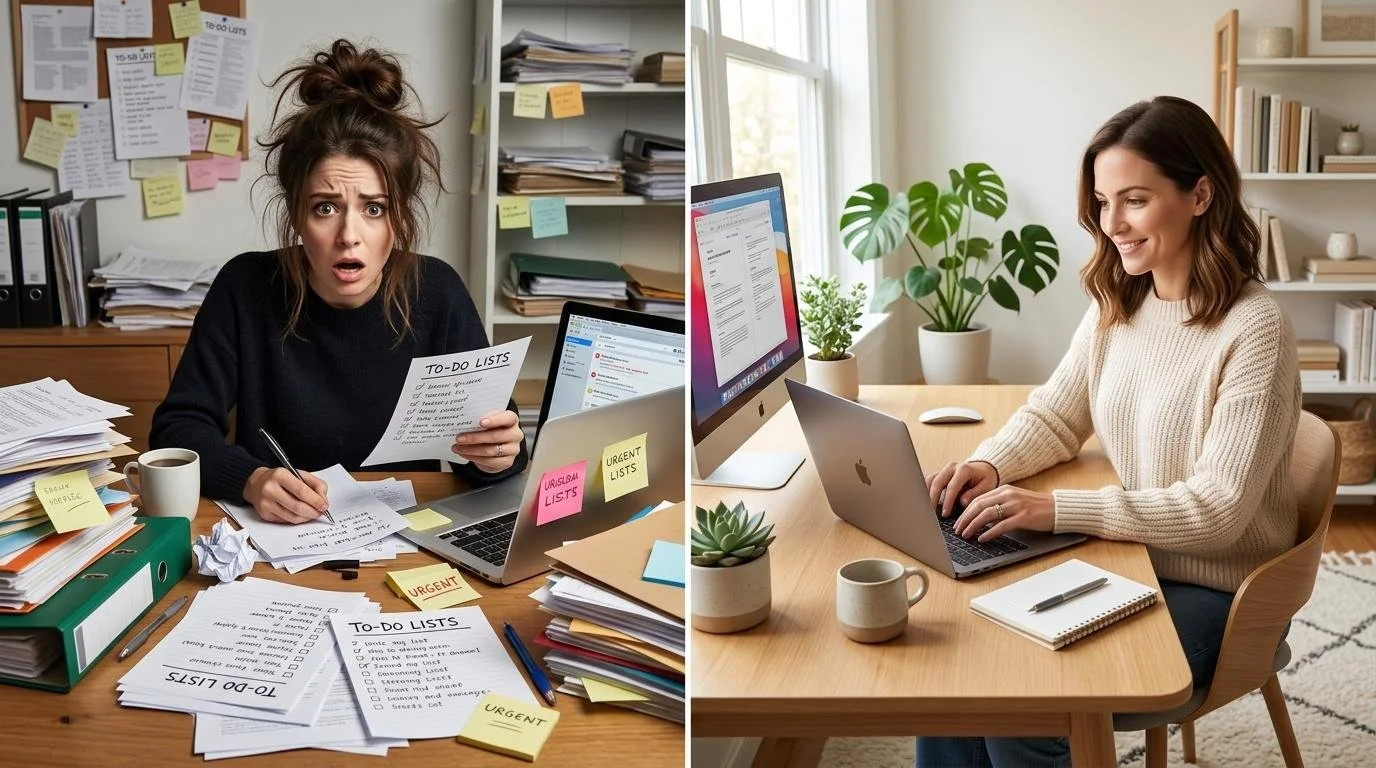 Woman practicing soft productivity in a calm workspace