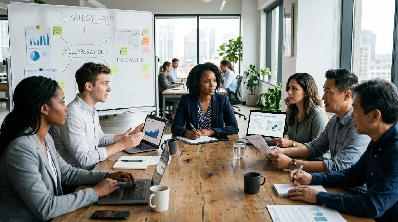Person leading a meeting with quiet confidence