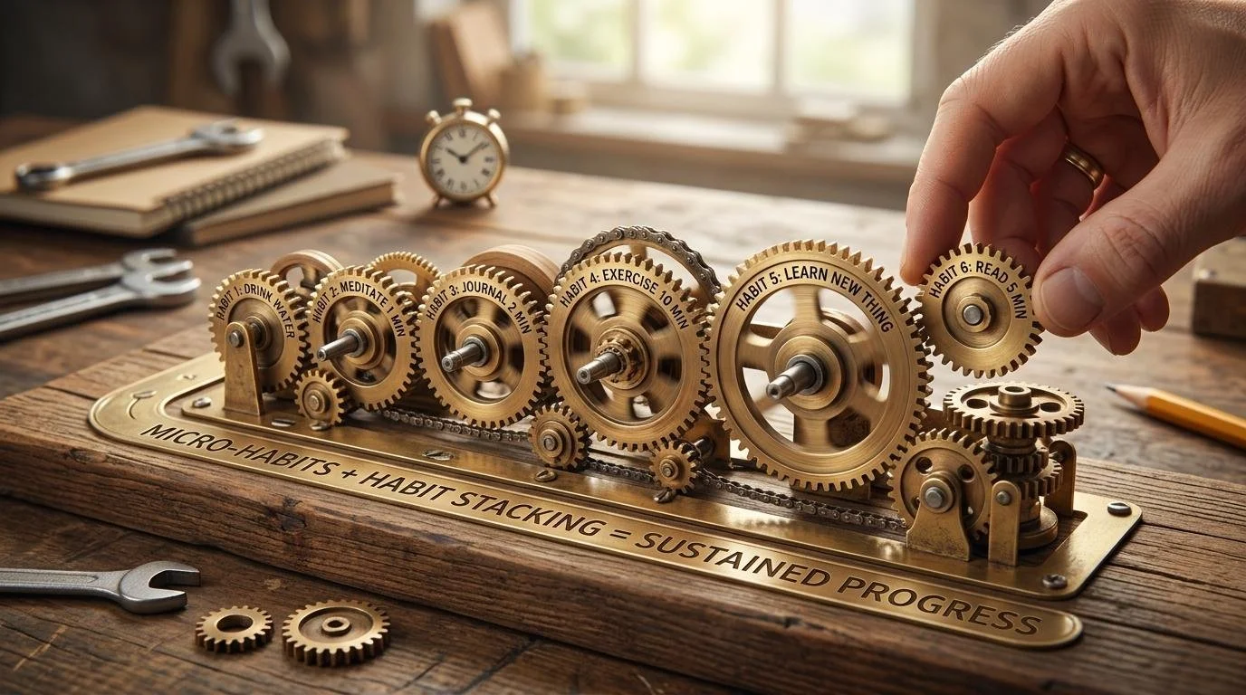 gears that says microhabits + habit stacking is sustained progress