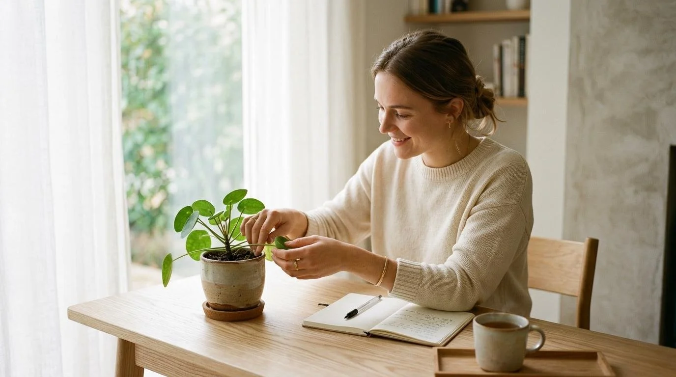 A calm workspace with soft lighting and a notebook, symbolizing gentle productivity