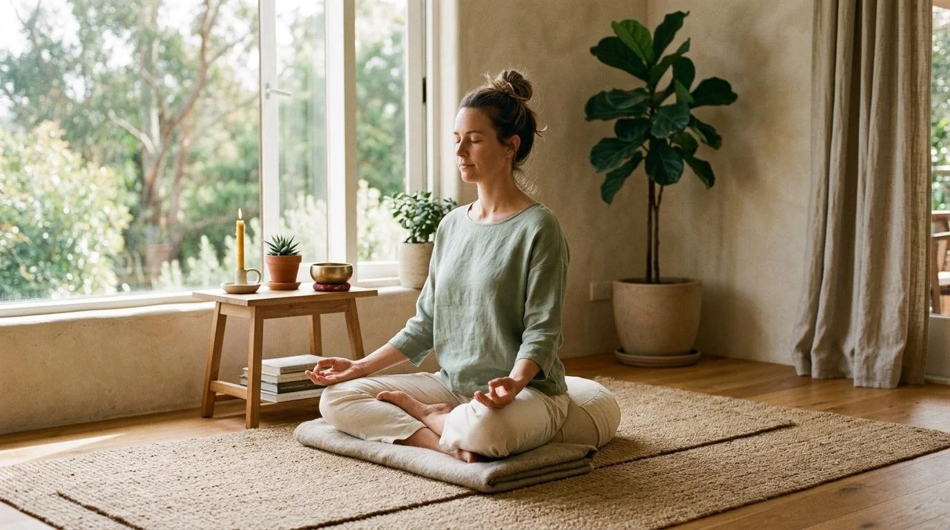 Calm woman practicing self care in nature