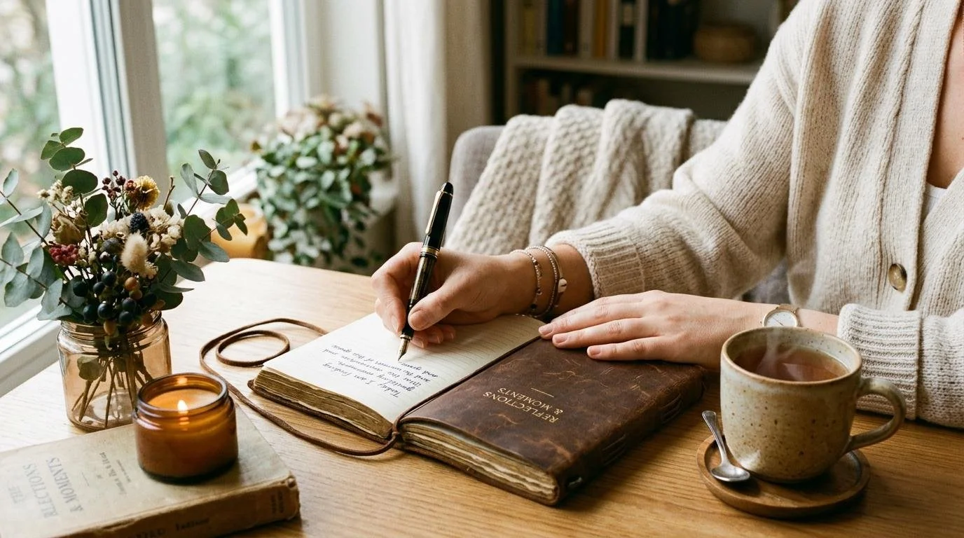 Woman writing, symbolizing inner peace and balance