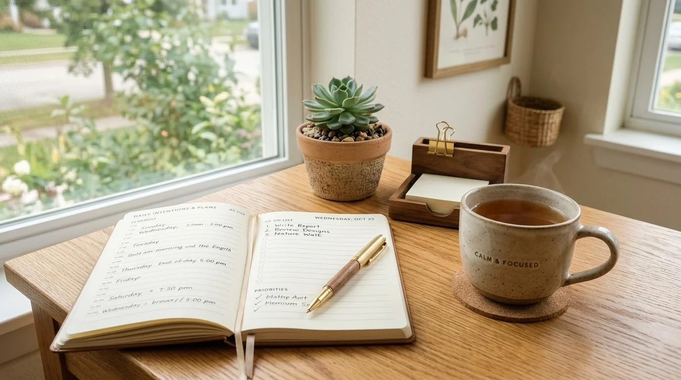 Calm workspace with natural light and plants