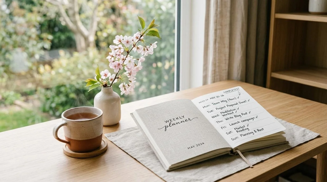 Woman gently planning her day with a time block planner