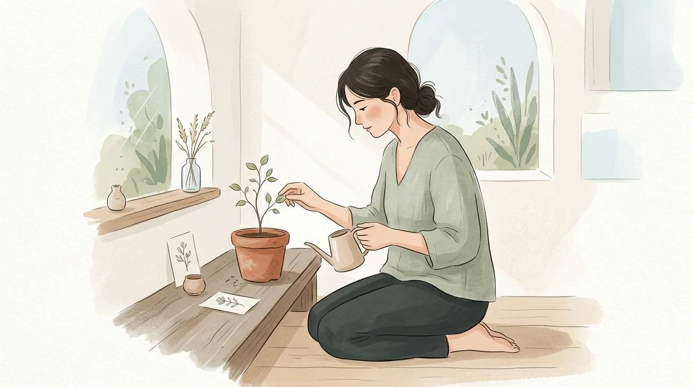Woman practicing gentle self-care in a peaceful setting