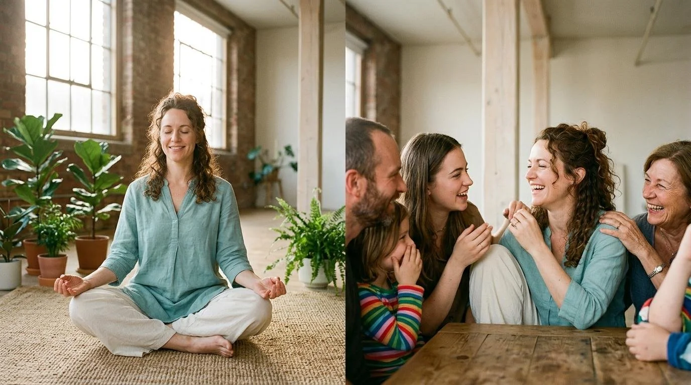 Woman enjoying a peaceful moment in a minimalist living space