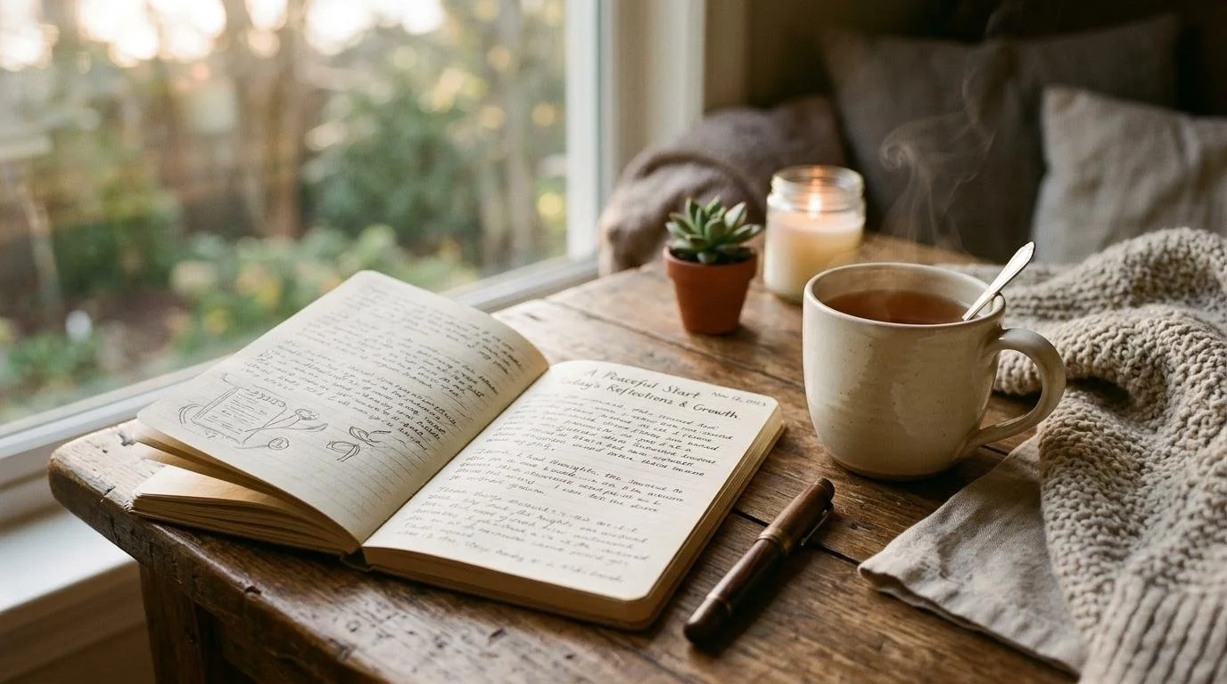 Person journaling with a cup of tea nearby