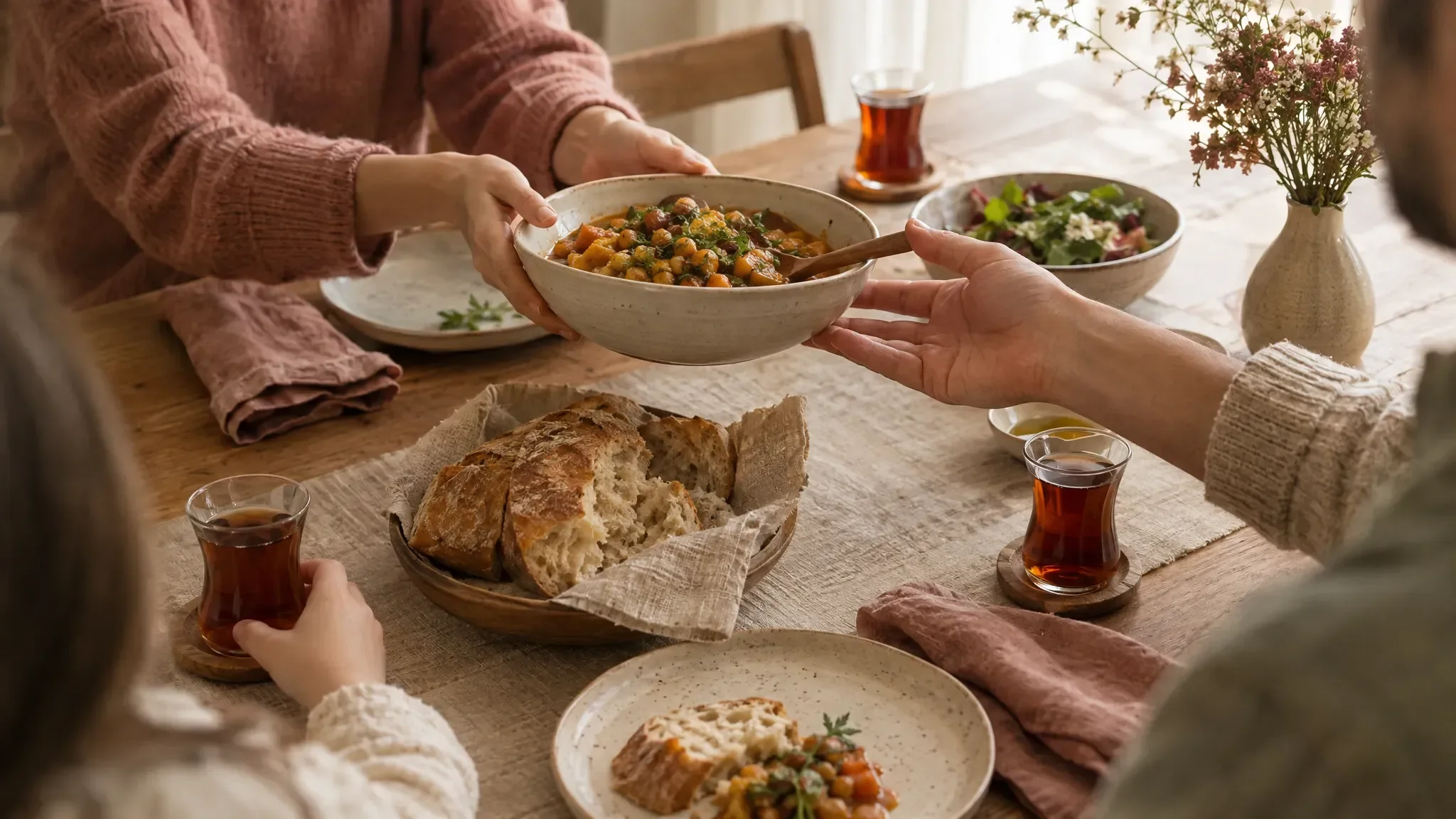 simple table with a ceramic serving bowl, bread, warm tea glasses, linen napkins, hands gently passing food and a softly out-of-focus shoulder at the edge of frame.