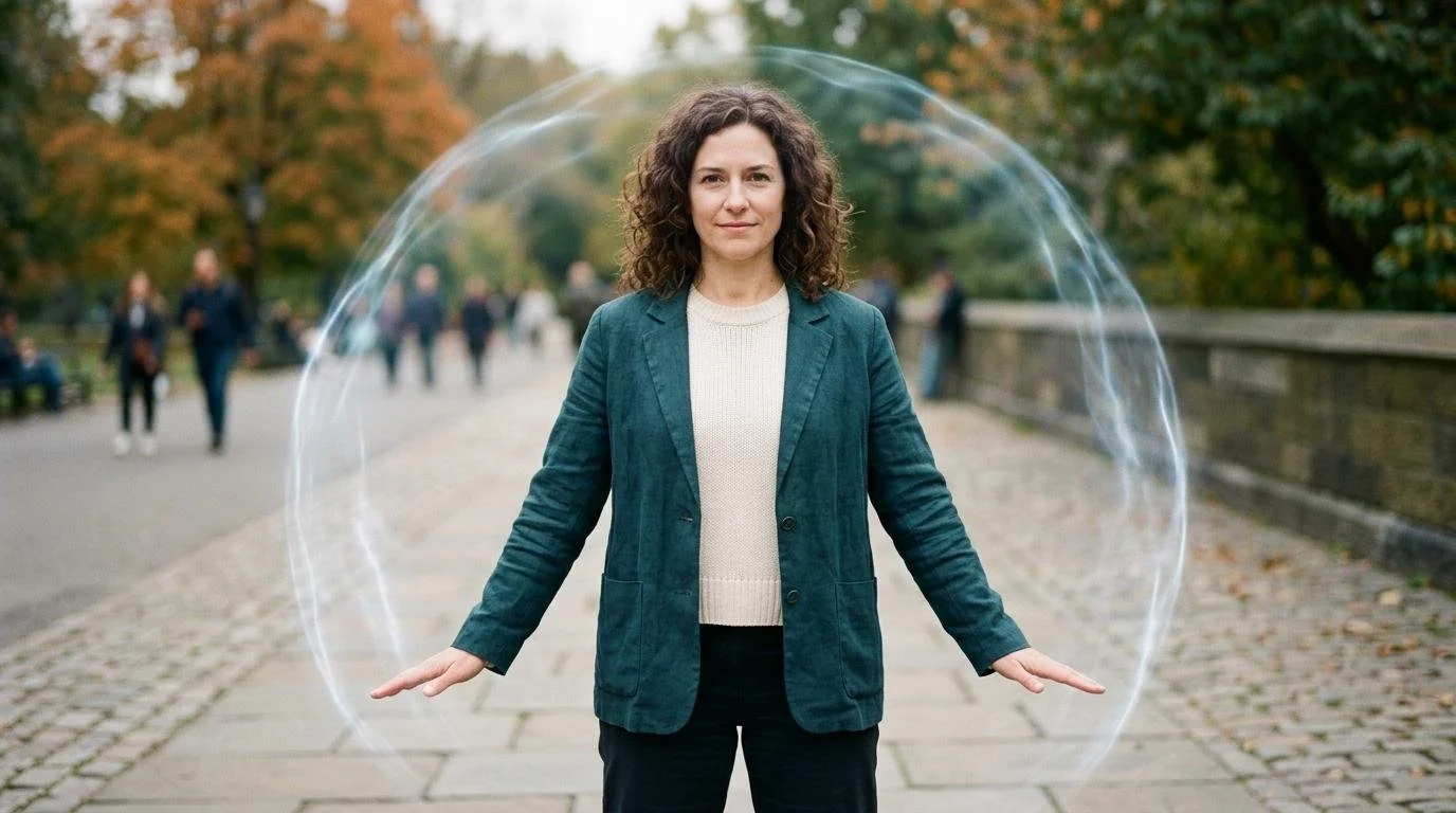 Woman setting energy boundaries in a peaceful environment