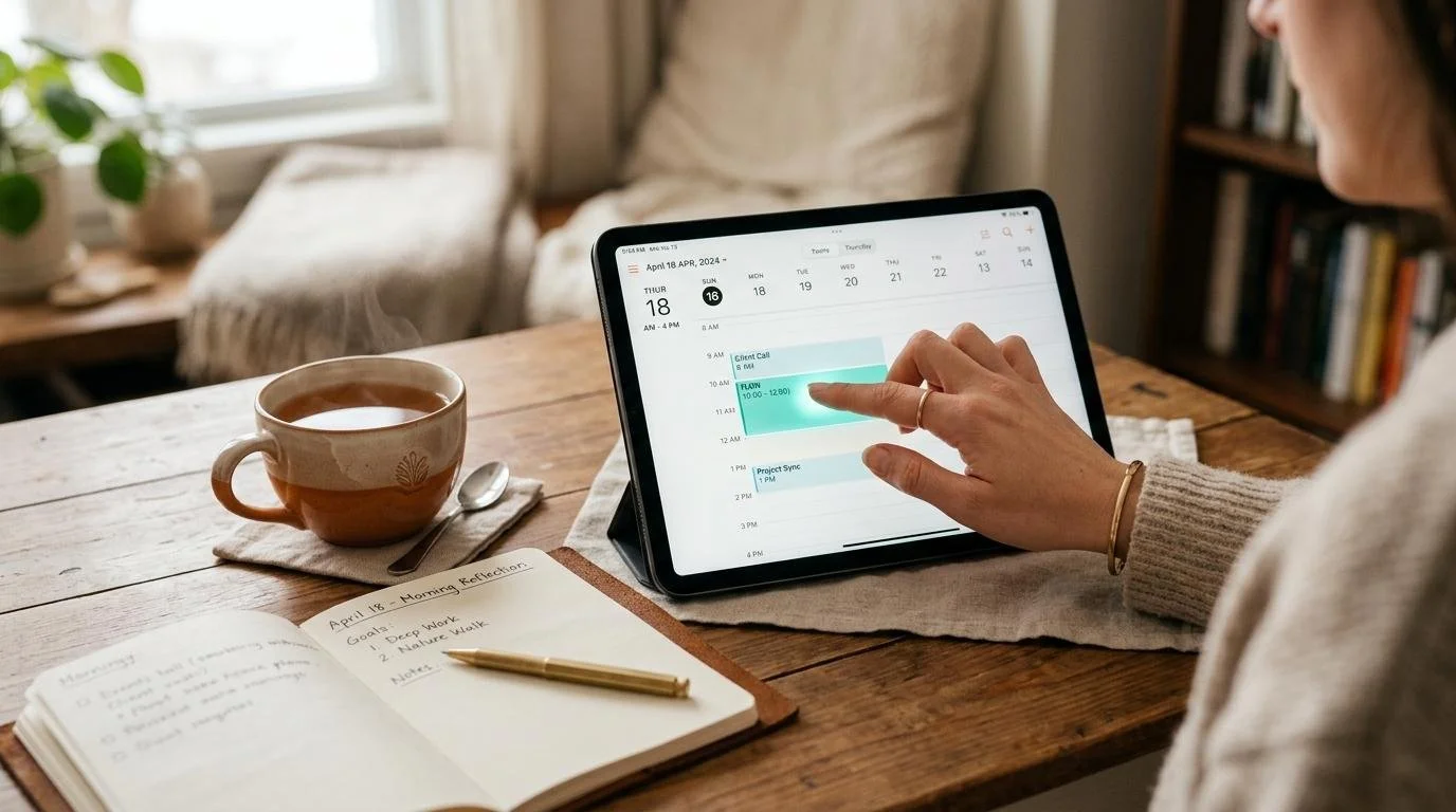 A peaceful workspace with a planner and soft lighting