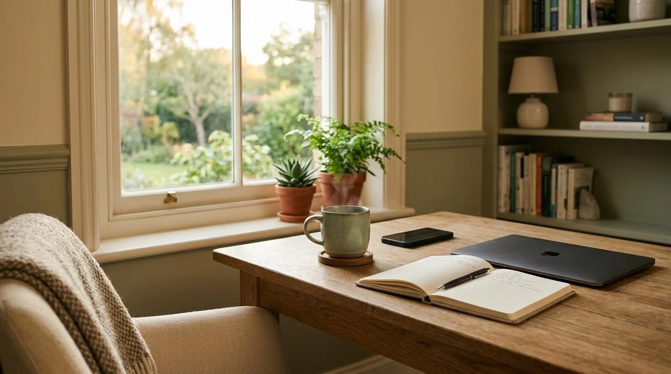 A warm evening home office with a laptop closed, a neatly reset desk, a completely blank cream notebook with no writing or markings, soft.jpg