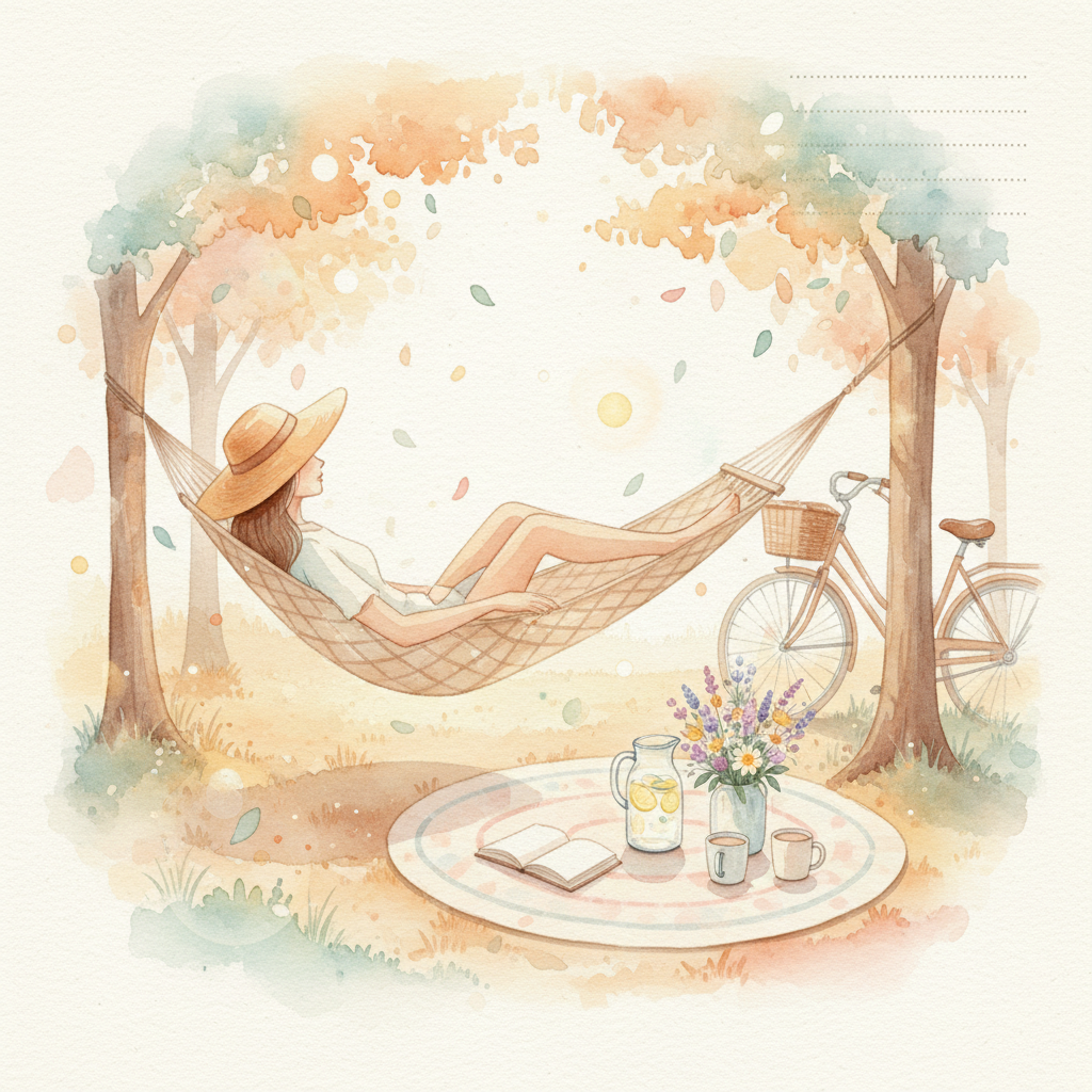 girl on a hammock with book, coffee and flowers in a peaceful environment
