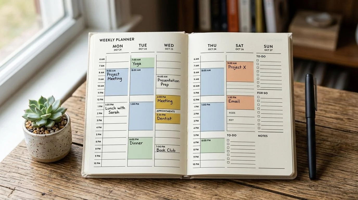A calm and organized workspace with a time block planner and soft lighting