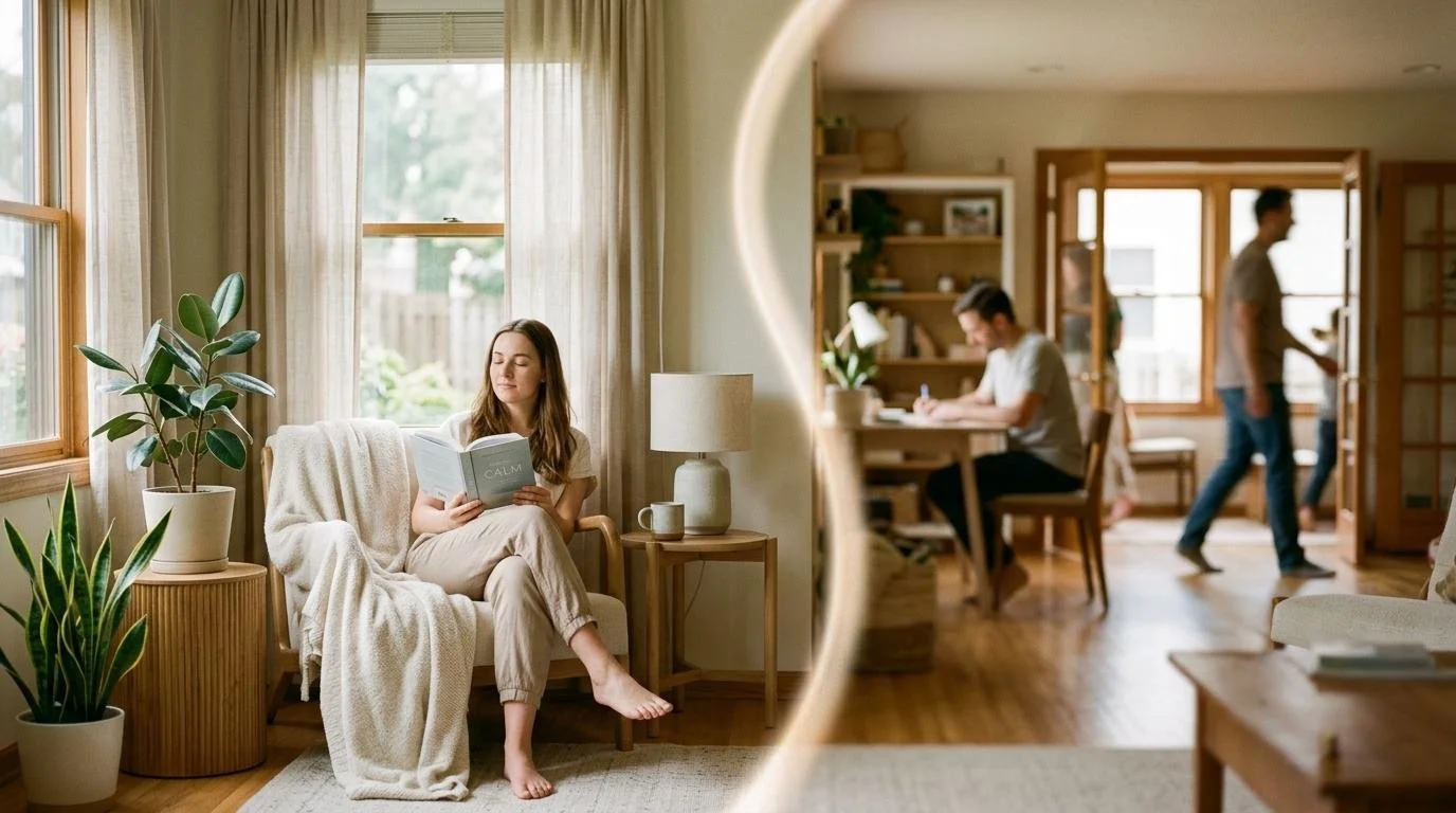 Calm woman setting boundaries in a peaceful environment