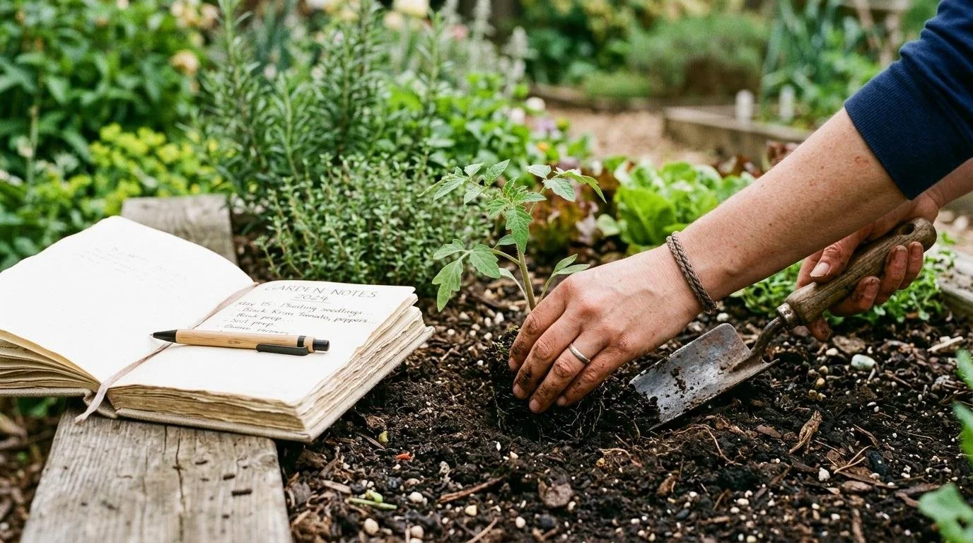 Spring garden with blooming flowers and fresh greenery