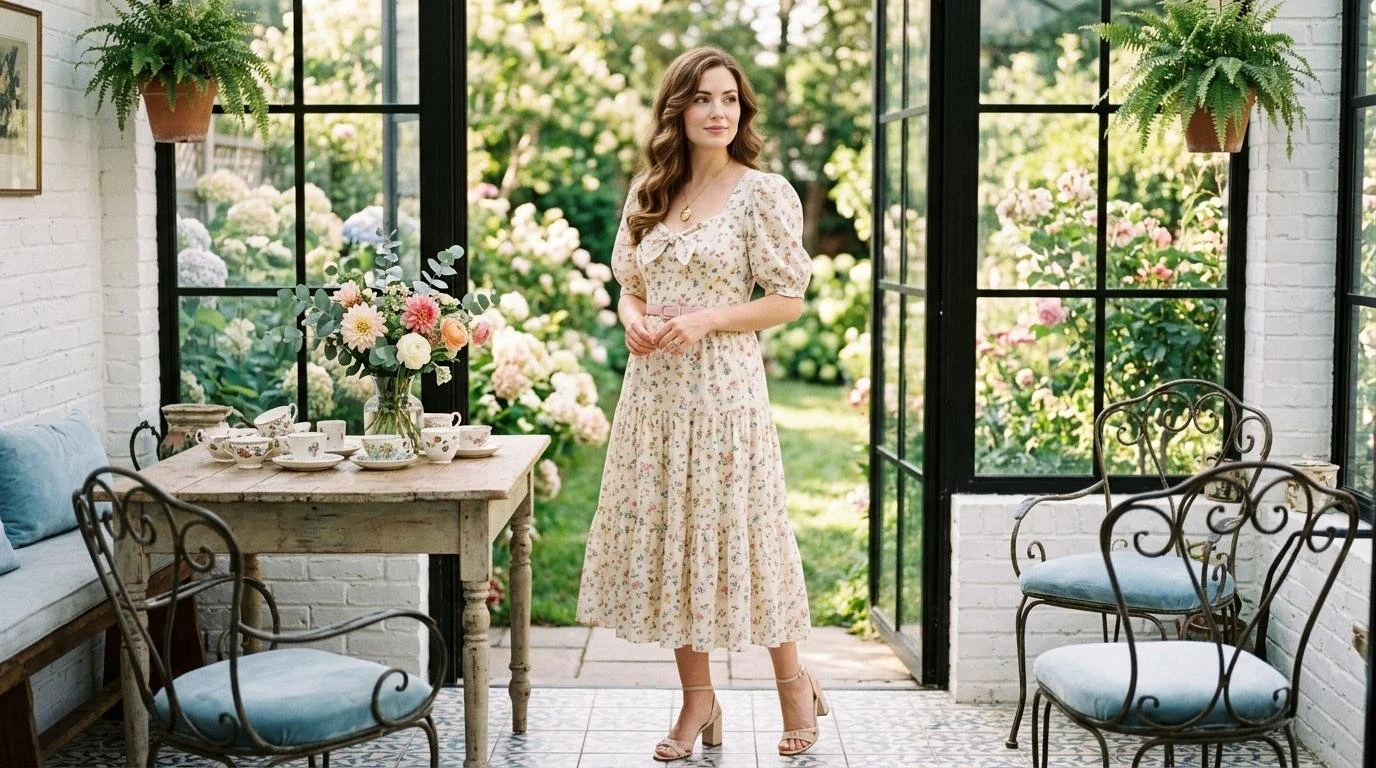 Girly girl style outfit with floral dress and polished accessories