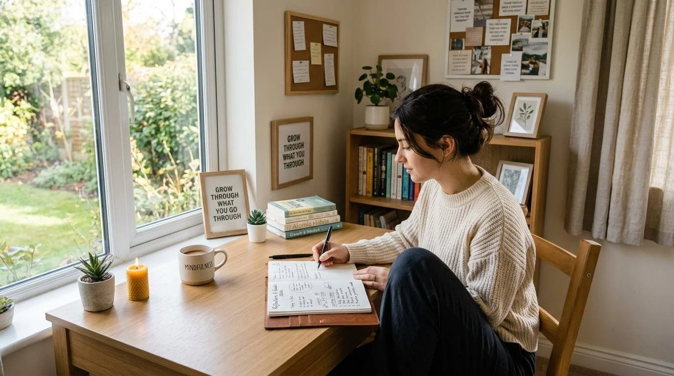 Person sitting quietly in a cozy space, reflecting and writing