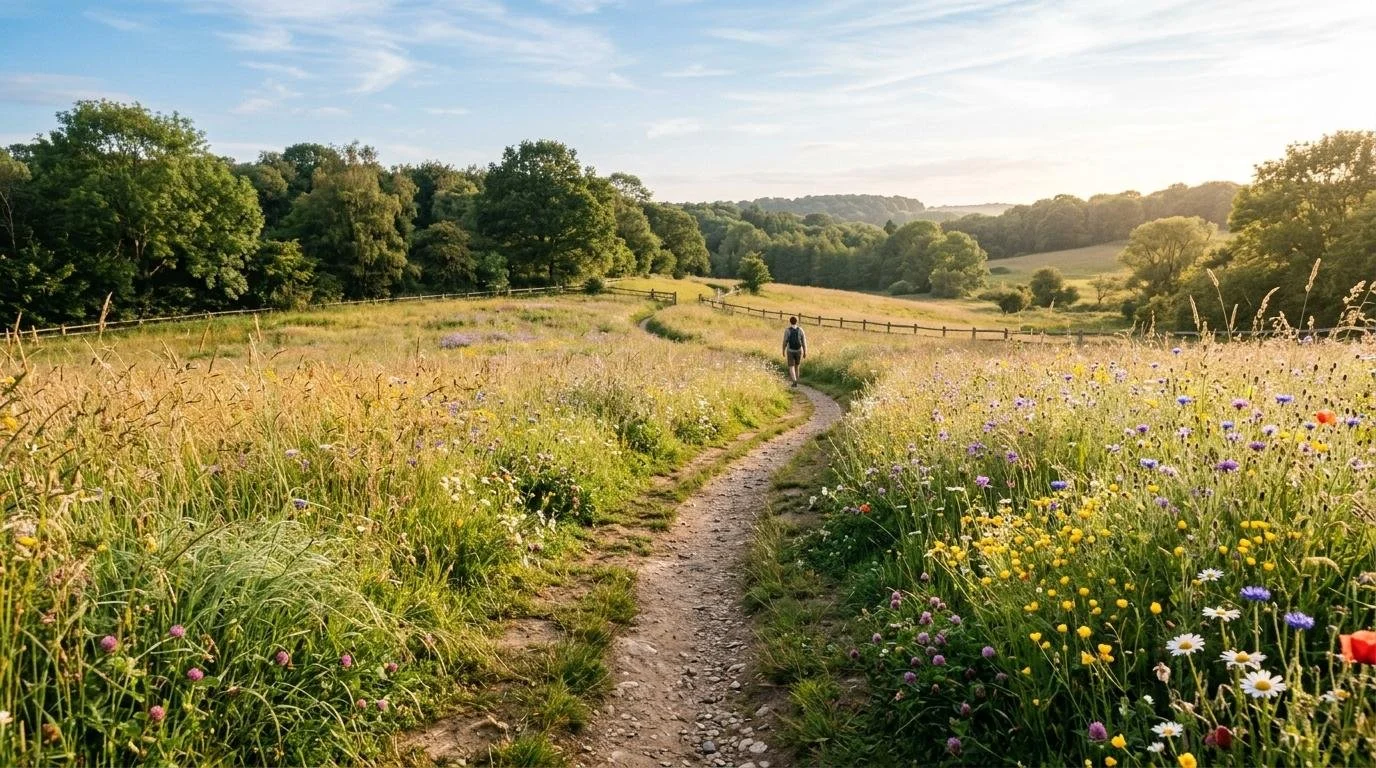 A peaceful path through nature symbolizing gentle growth and self care