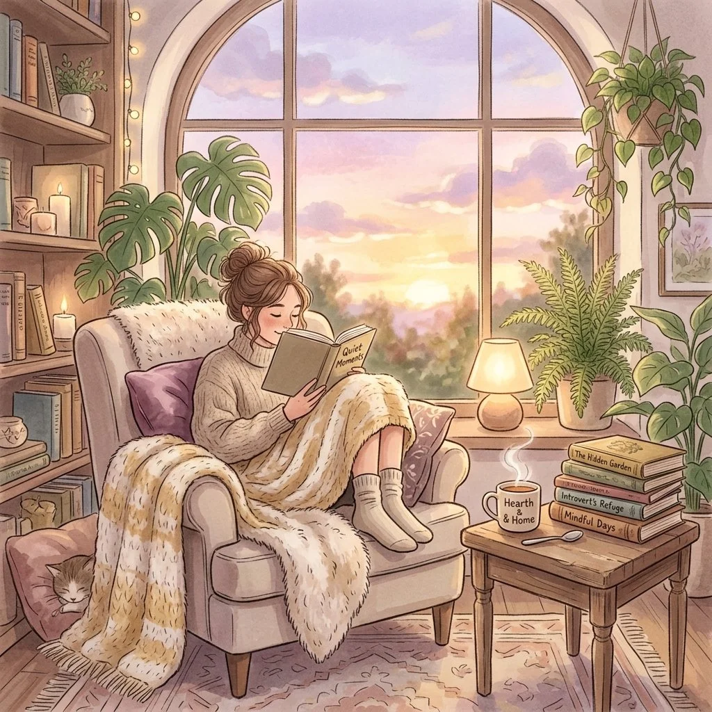 woman reading a book by the window in a cozy setting