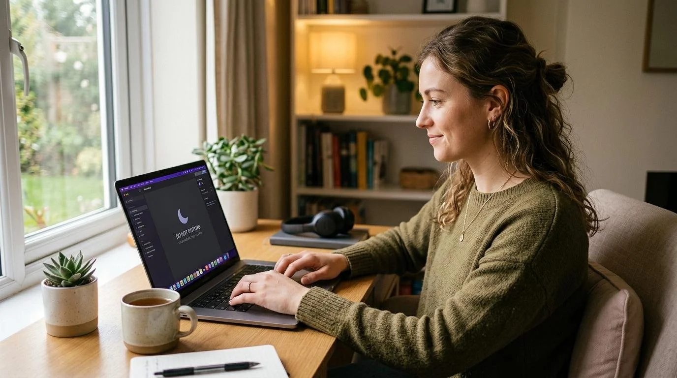 Woman peacefully managing digital devices