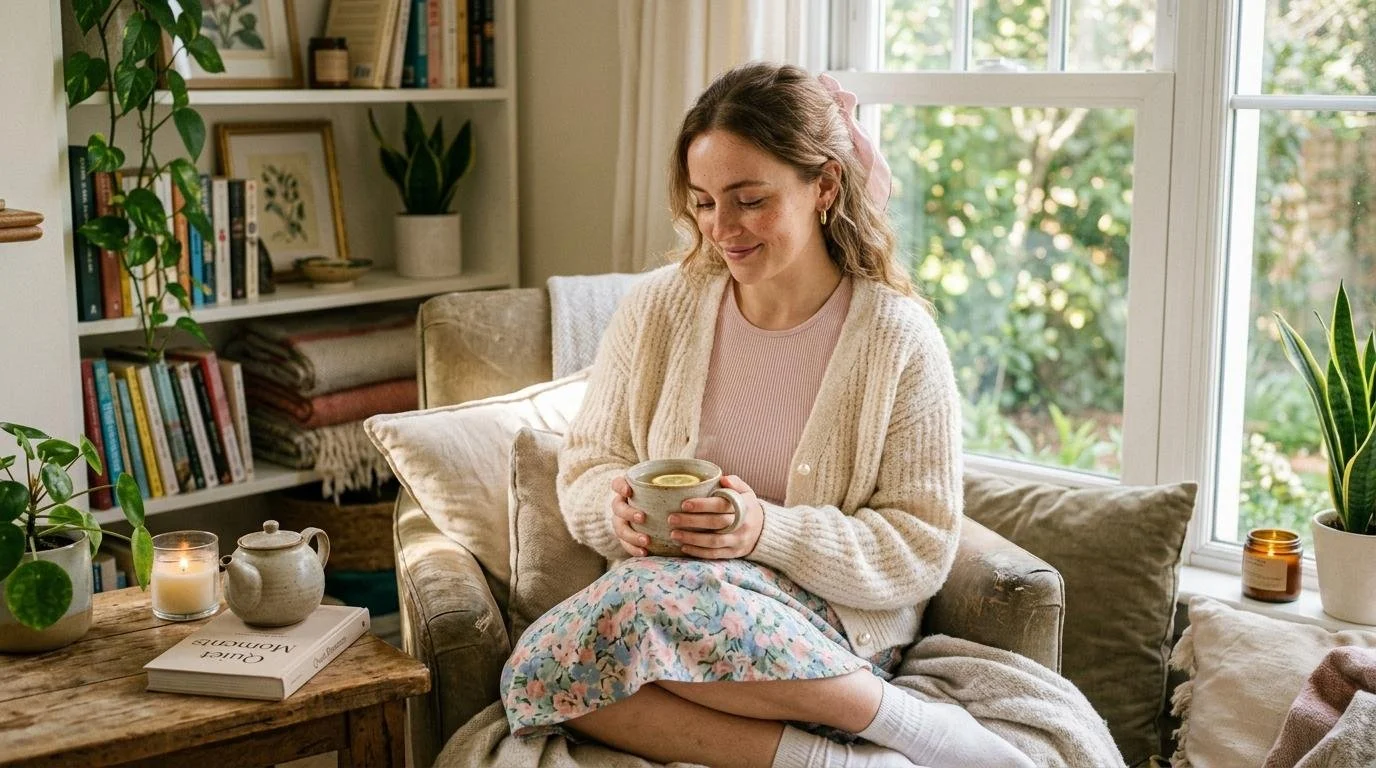 Soft girl style outfit with pastel colors and cozy textures