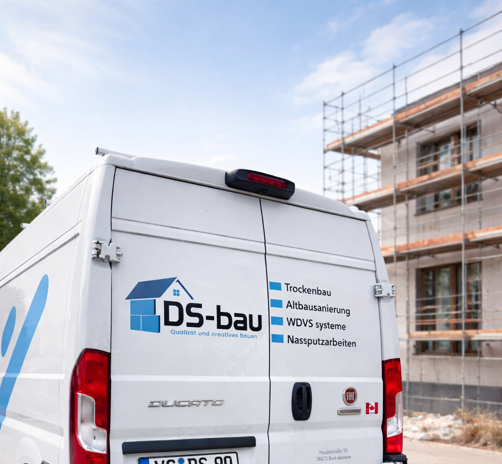 Ein weißer Bauwagen mit dem Logo und der Aufzählung der Bauleistungen einer Firma vor einem Bauprojekt mit Gerüsten.