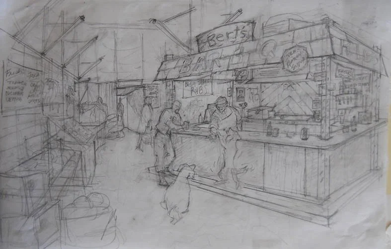 Set sketch of Bert's BBQ for the movie FLUKE. Graphite on vellum.