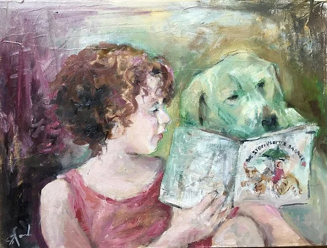 Girl imagining reading to the dog she has lost. Commissioned by the girl's grandfather who was so moved by the girl's actions. Fine art. Oil.