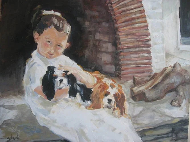 Hilda's daughter Ellie with their two Cavalier King Charles Spaniels, Randolph Jumping Bean and Sally Sparkles. Portrait. Oil.