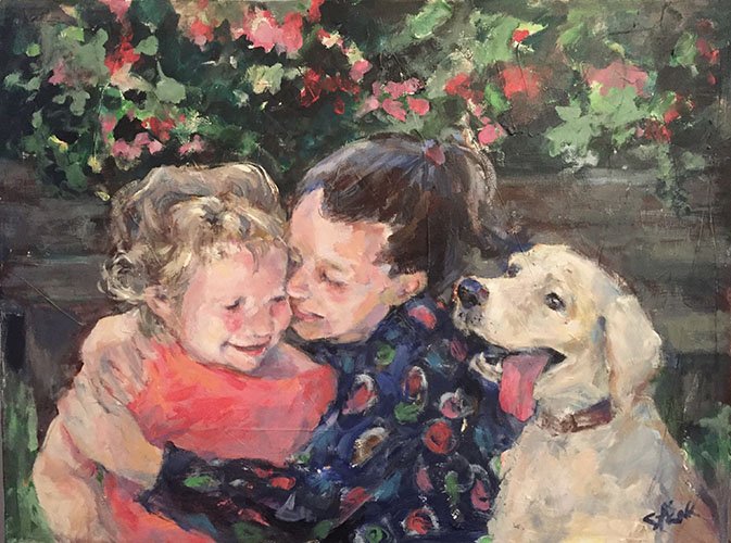Sisters and their dog. Portrait. Acrylic.