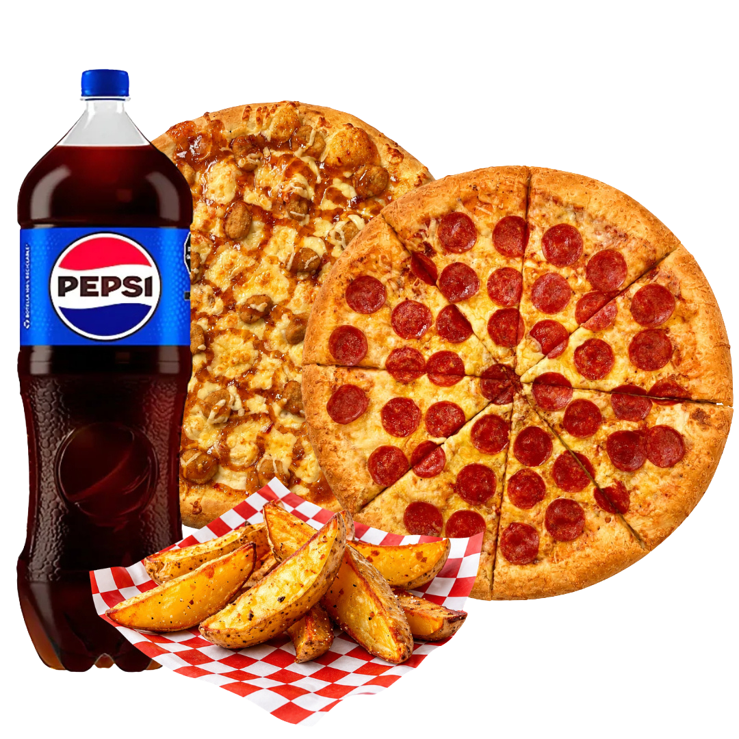 2 Pizzas grandes, refresco pepsi 1.5 l y papas gajo