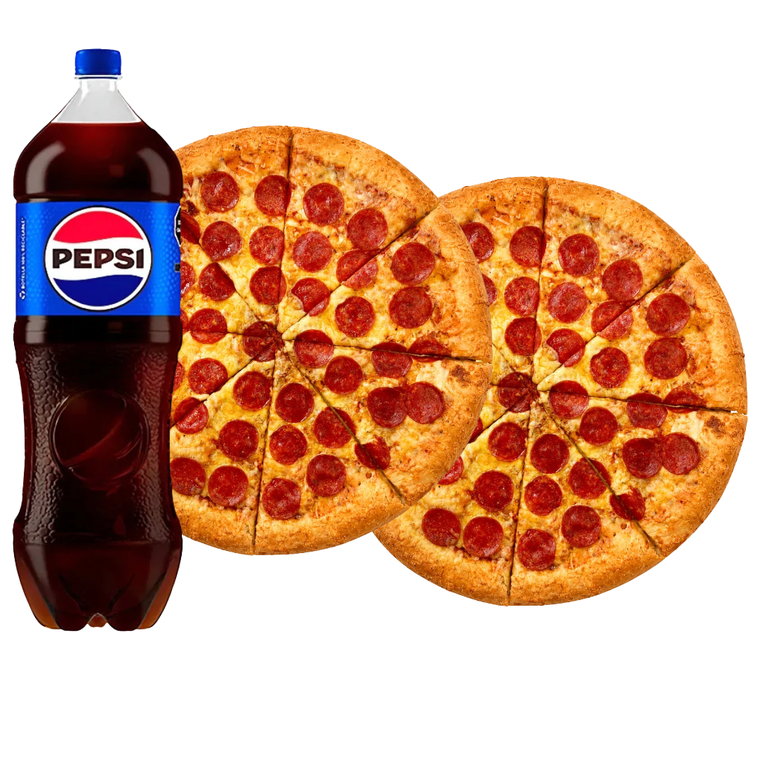 2 pizzas familiares y refresco pepsi 1.5 l